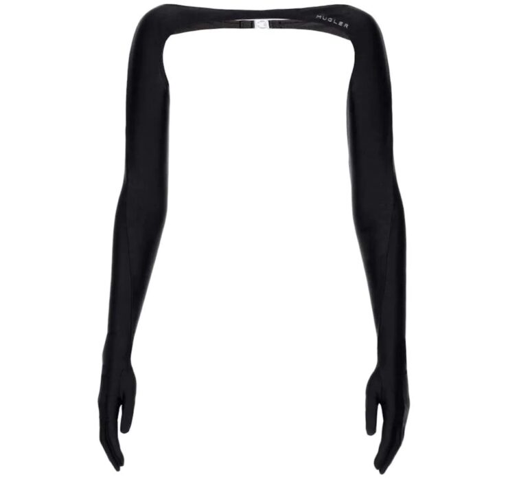 Create a head-turning look with these glamorous gloves in stretch jersey that are attached at the top to form a bolero with a wide neckline. Metal buckle at the back engraved with the signature star. Embosses motif at the front featuring the designers logo.