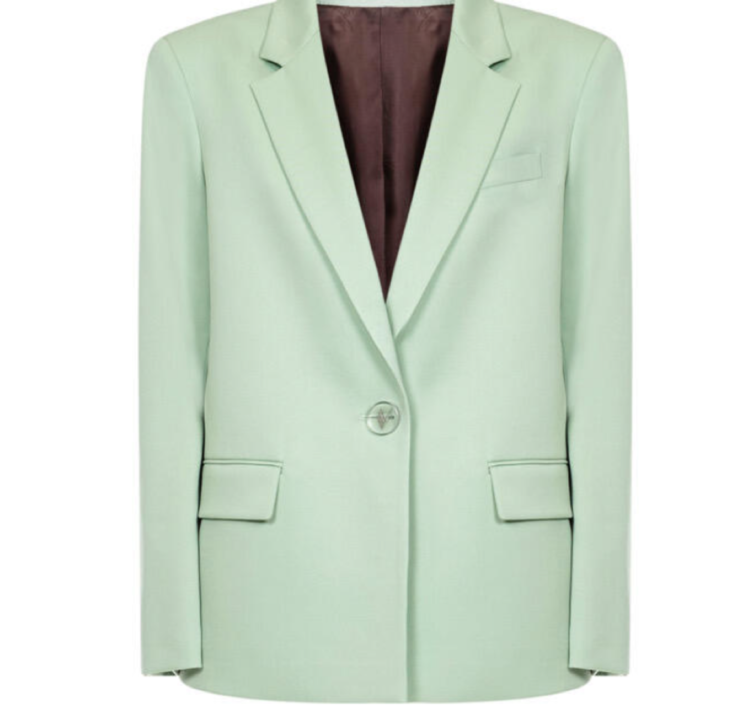The Attico's 'Bianca' blazer has been tailored in Italy from a wool-blend twill in a fresh mint shade to match the coordinating skirt. It's designed in a relaxed, single-breasted silhouette with padded shoulders and notched lapels. The satin lining and back vent ensure smooth layering over classic shirting or blouses.